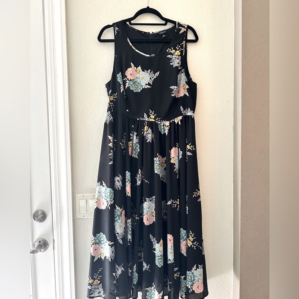Black floral Torrid midi dress — wedding guest dress